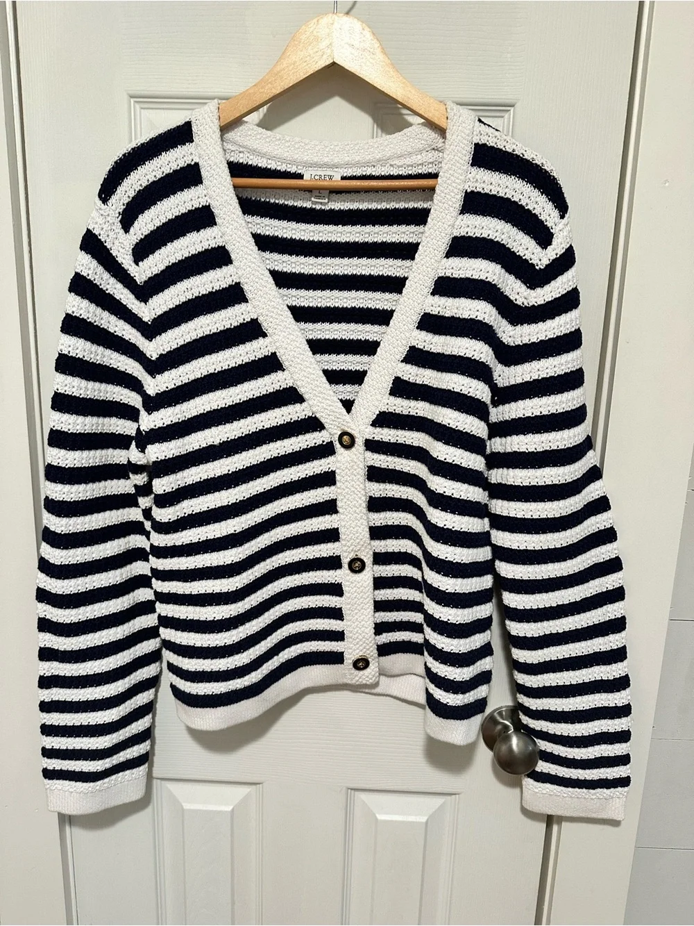J. Crew Navy and White Striped V-Neck Button Cardigan